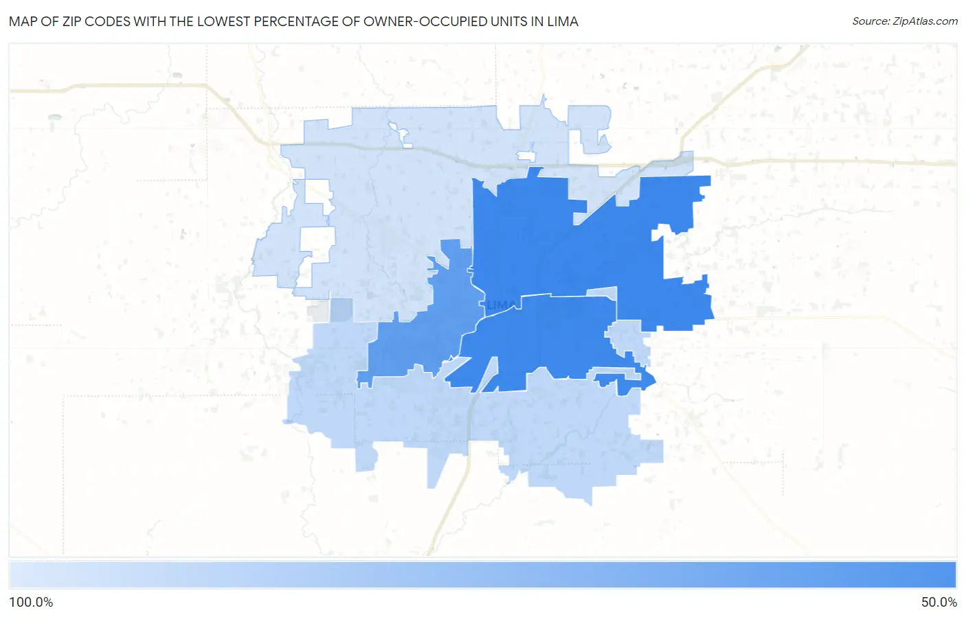 Zip Codes with the Lowest Percentage of Owner-Occupied Units in Lima Map