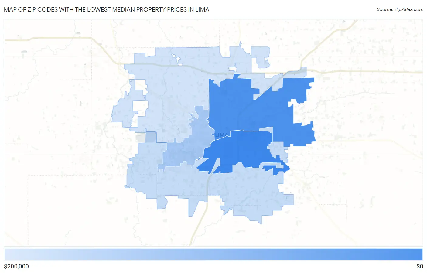 Zip Codes with the Lowest Median Property Prices in Lima Map