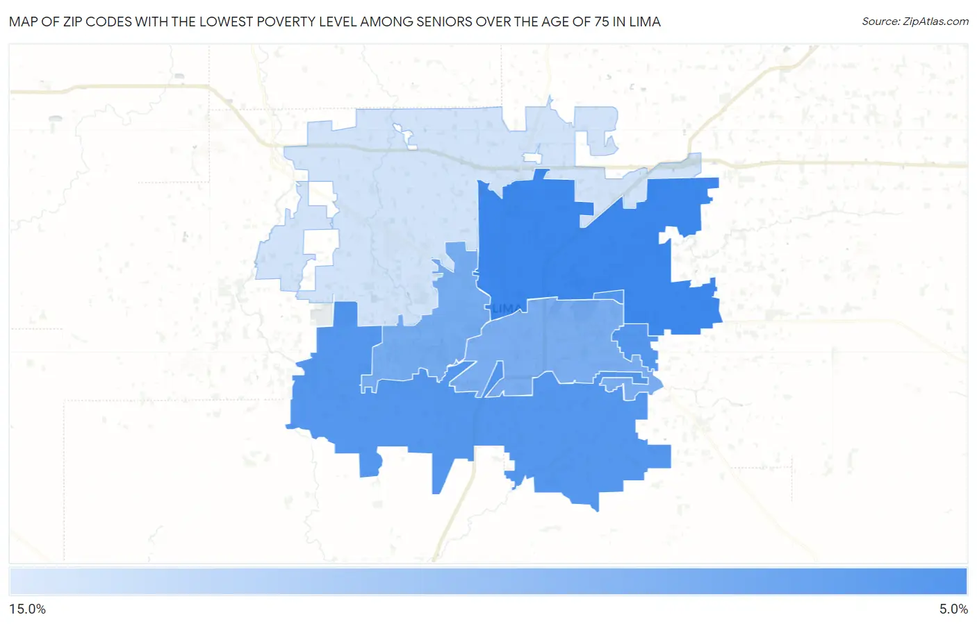 Zip Codes with the Lowest Poverty Level Among Seniors Over the Age of 75 in Lima Map