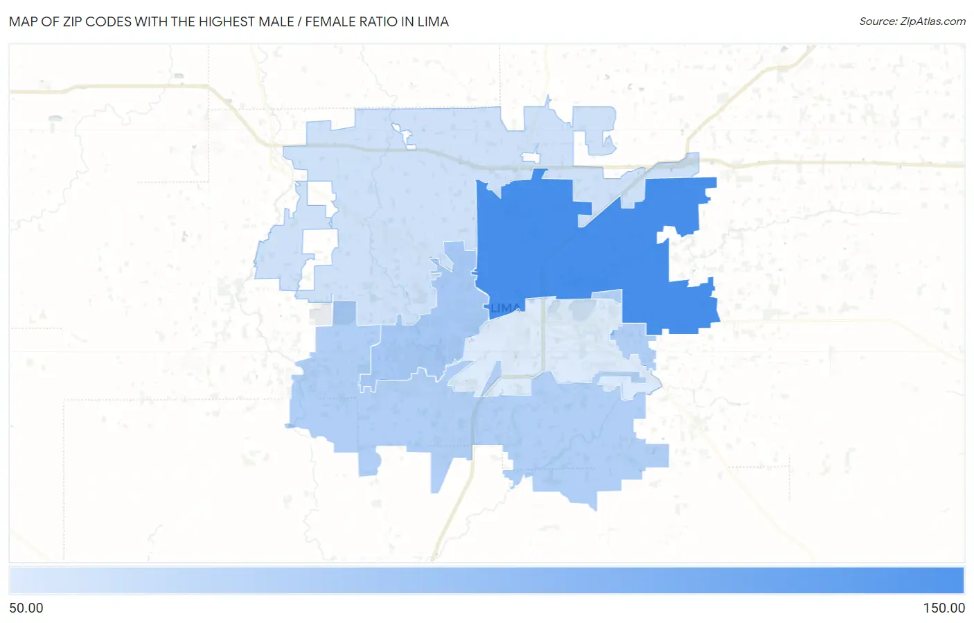 Zip Codes with the Highest Male / Female Ratio in Lima Map