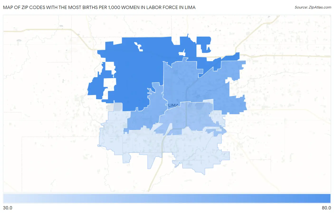 Zip Codes with the Most Births per 1,000 Women in Labor Force in Lima Map