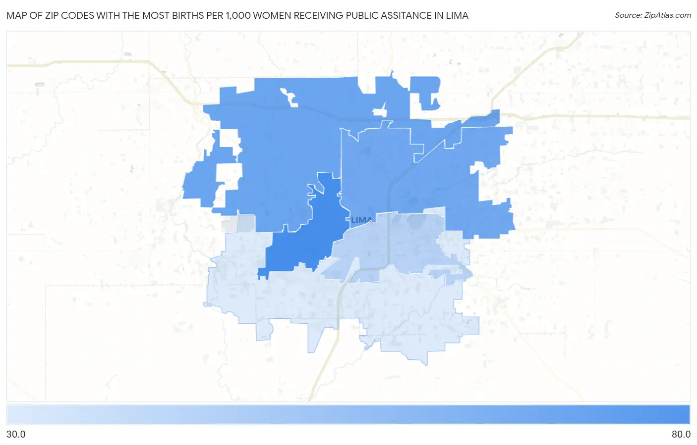 Zip Codes with the Most Births per 1,000 Women Receiving Public Assitance in Lima Map