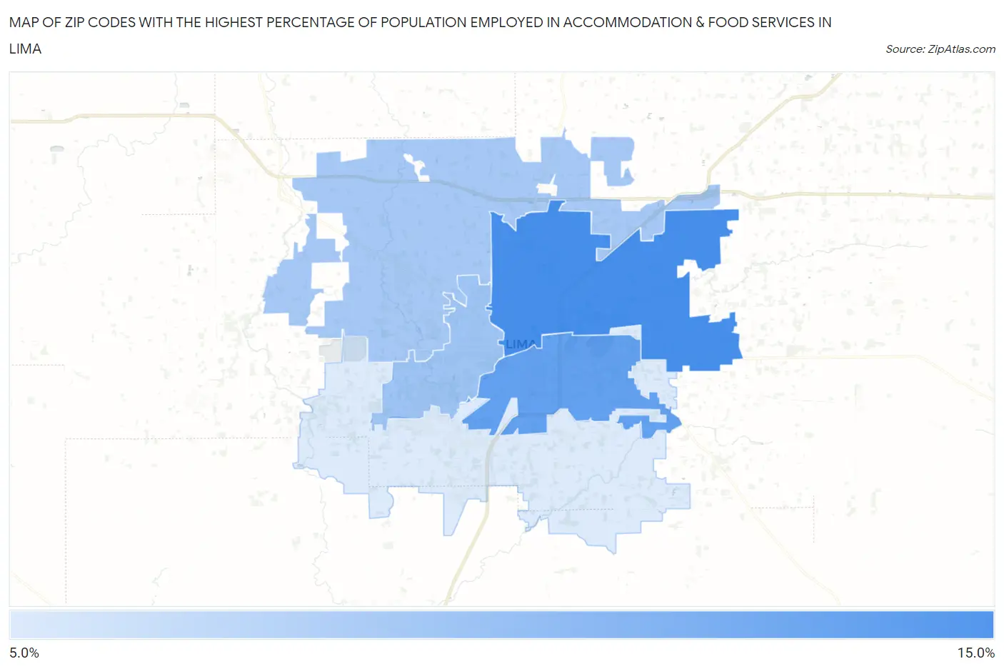 Zip Codes with the Highest Percentage of Population Employed in Accommodation & Food Services in Lima Map