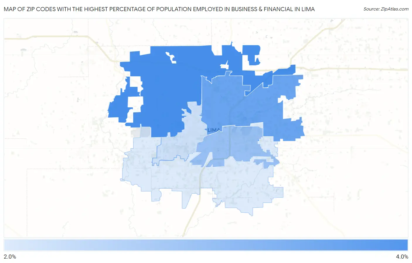 Zip Codes with the Highest Percentage of Population Employed in Business & Financial in Lima Map