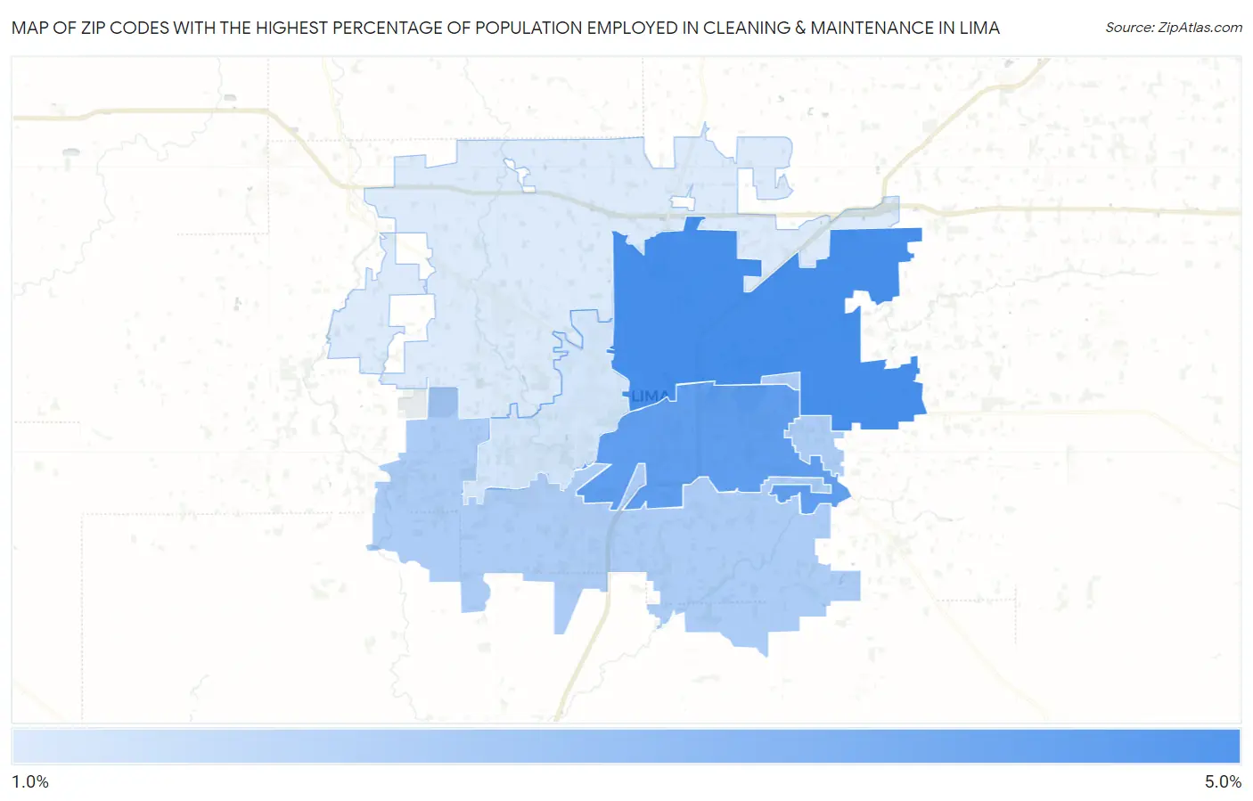 Zip Codes with the Highest Percentage of Population Employed in Cleaning & Maintenance in Lima Map