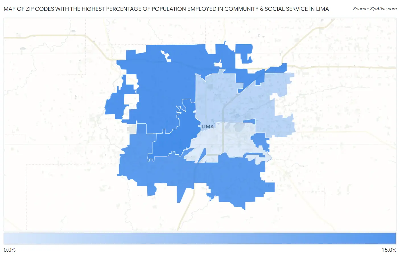 Zip Codes with the Highest Percentage of Population Employed in Community & Social Service  in Lima Map