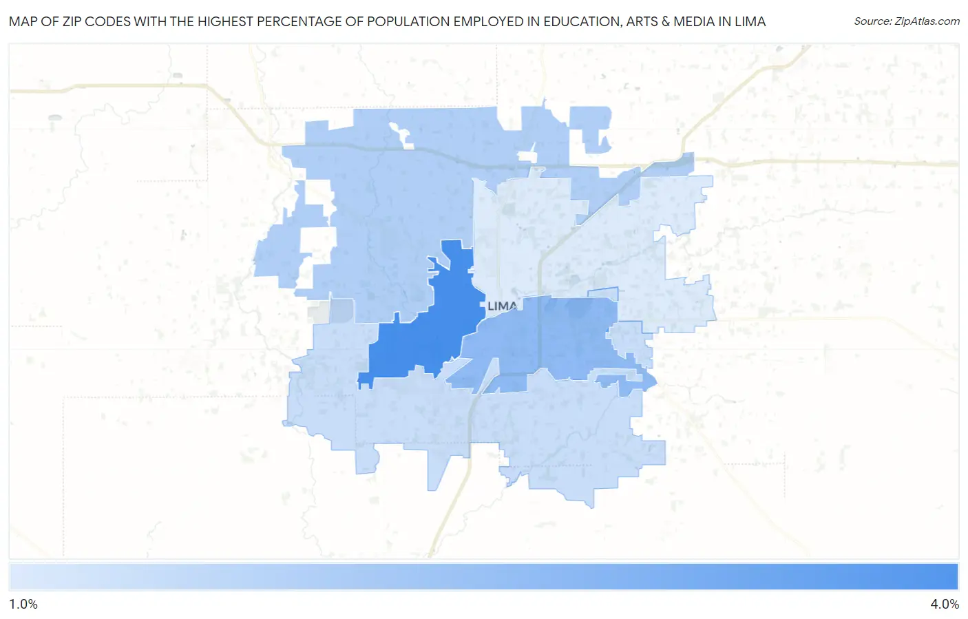 Zip Codes with the Highest Percentage of Population Employed in Education, Arts & Media in Lima Map