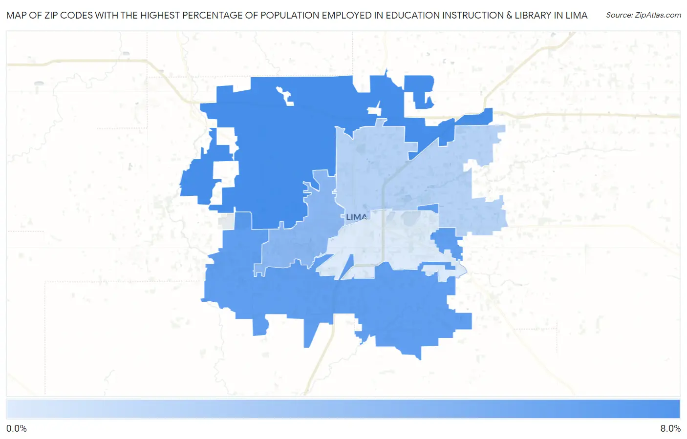 Zip Codes with the Highest Percentage of Population Employed in Education Instruction & Library in Lima Map