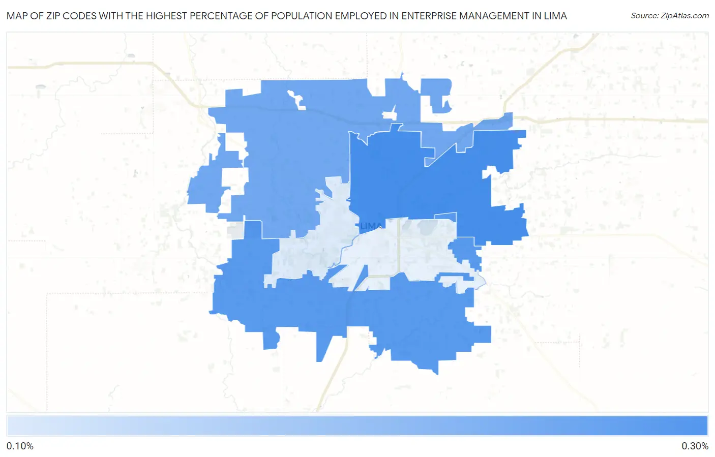 Zip Codes with the Highest Percentage of Population Employed in Enterprise Management in Lima Map