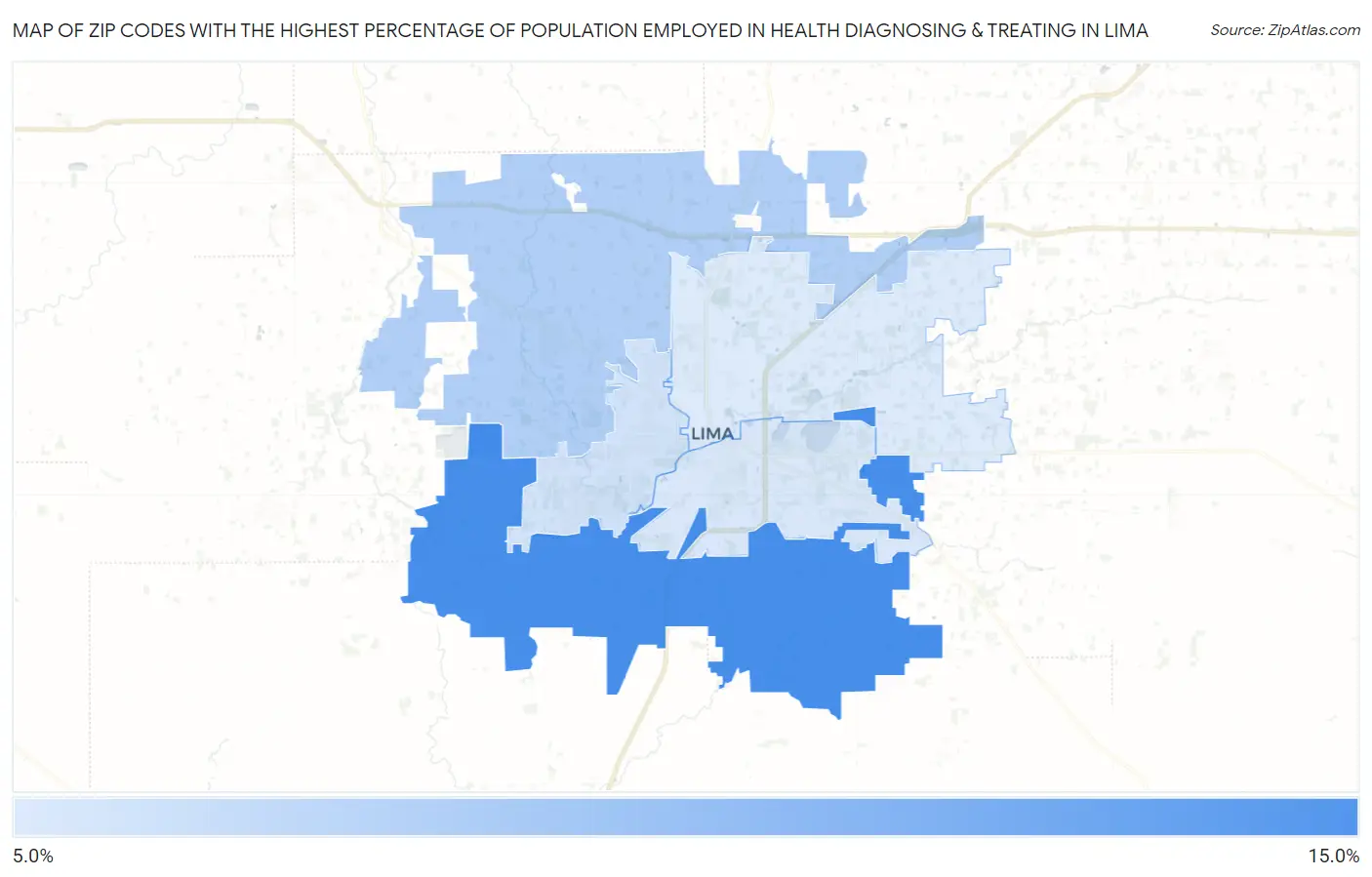 Zip Codes with the Highest Percentage of Population Employed in Health Diagnosing & Treating in Lima Map