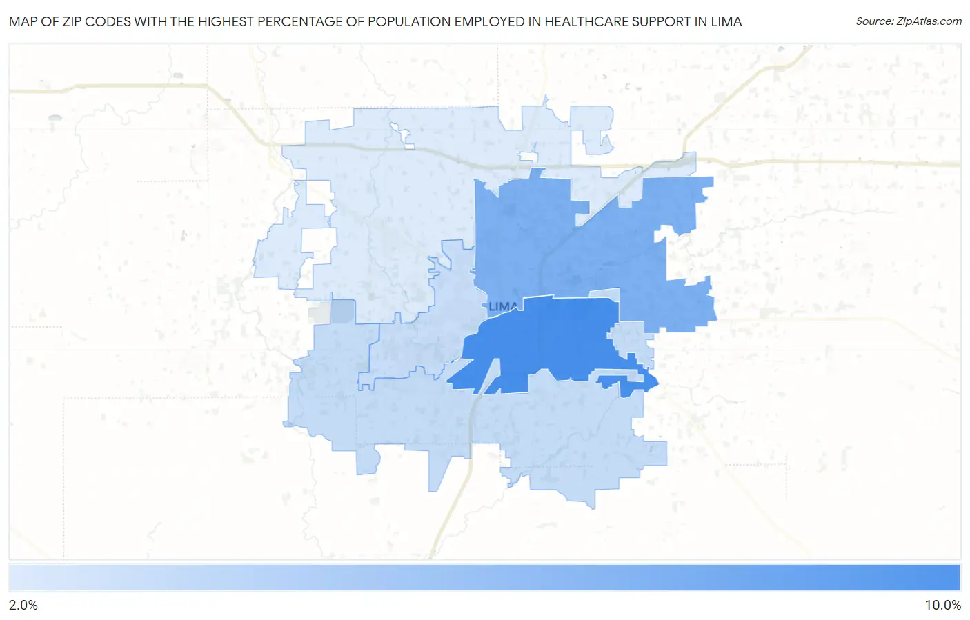 Zip Codes with the Highest Percentage of Population Employed in Healthcare Support in Lima Map