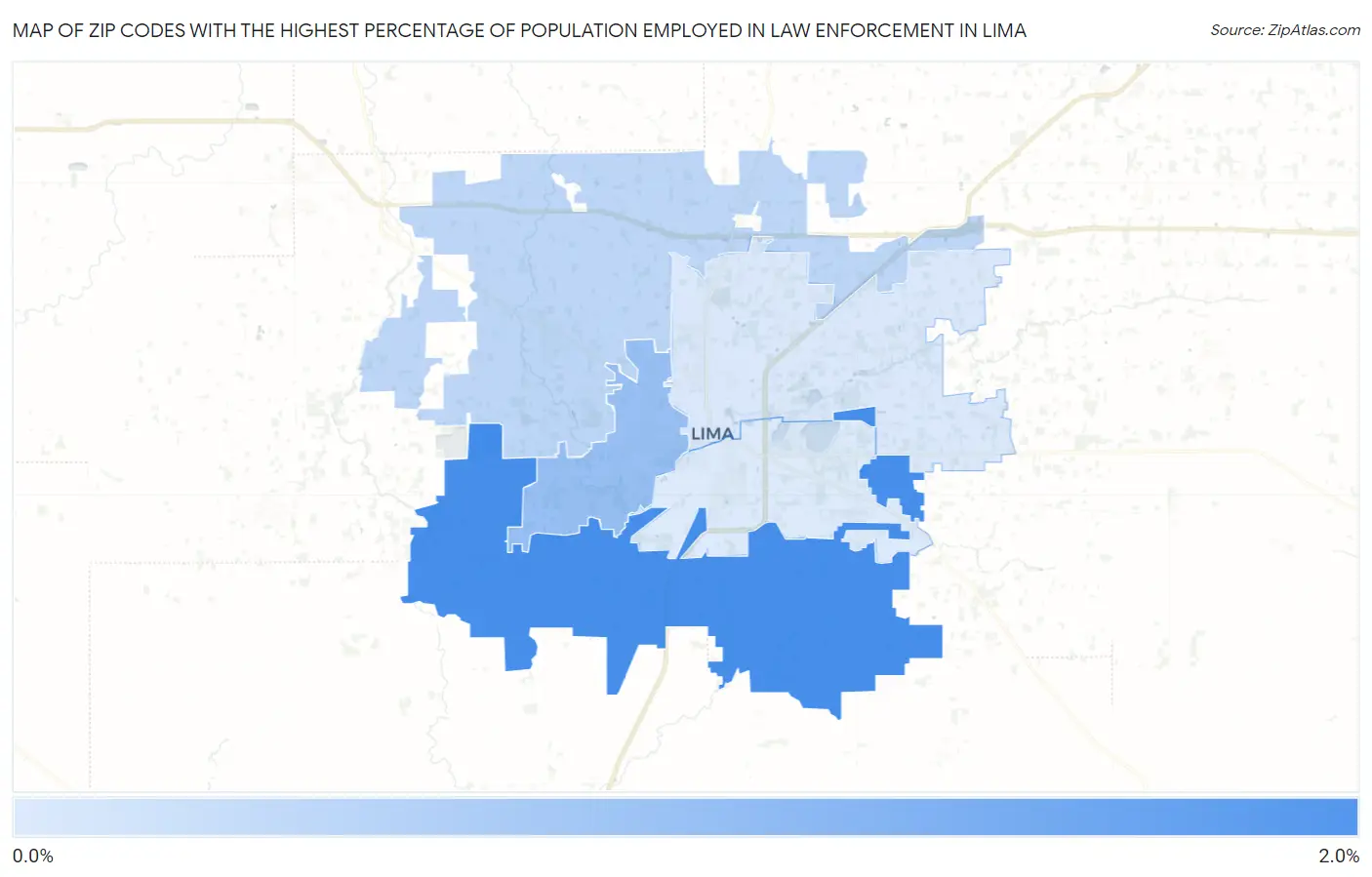 Zip Codes with the Highest Percentage of Population Employed in Law Enforcement in Lima Map