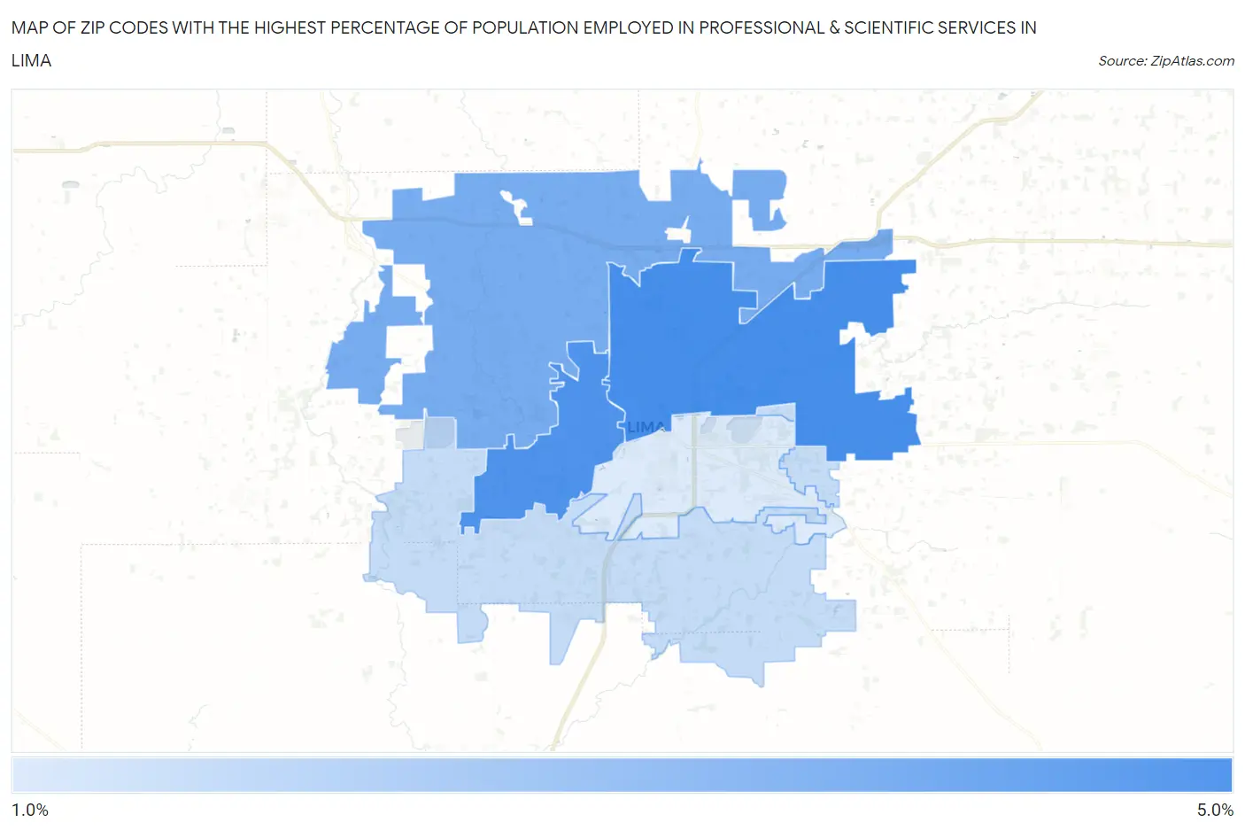 Zip Codes with the Highest Percentage of Population Employed in Professional & Scientific Services in Lima Map