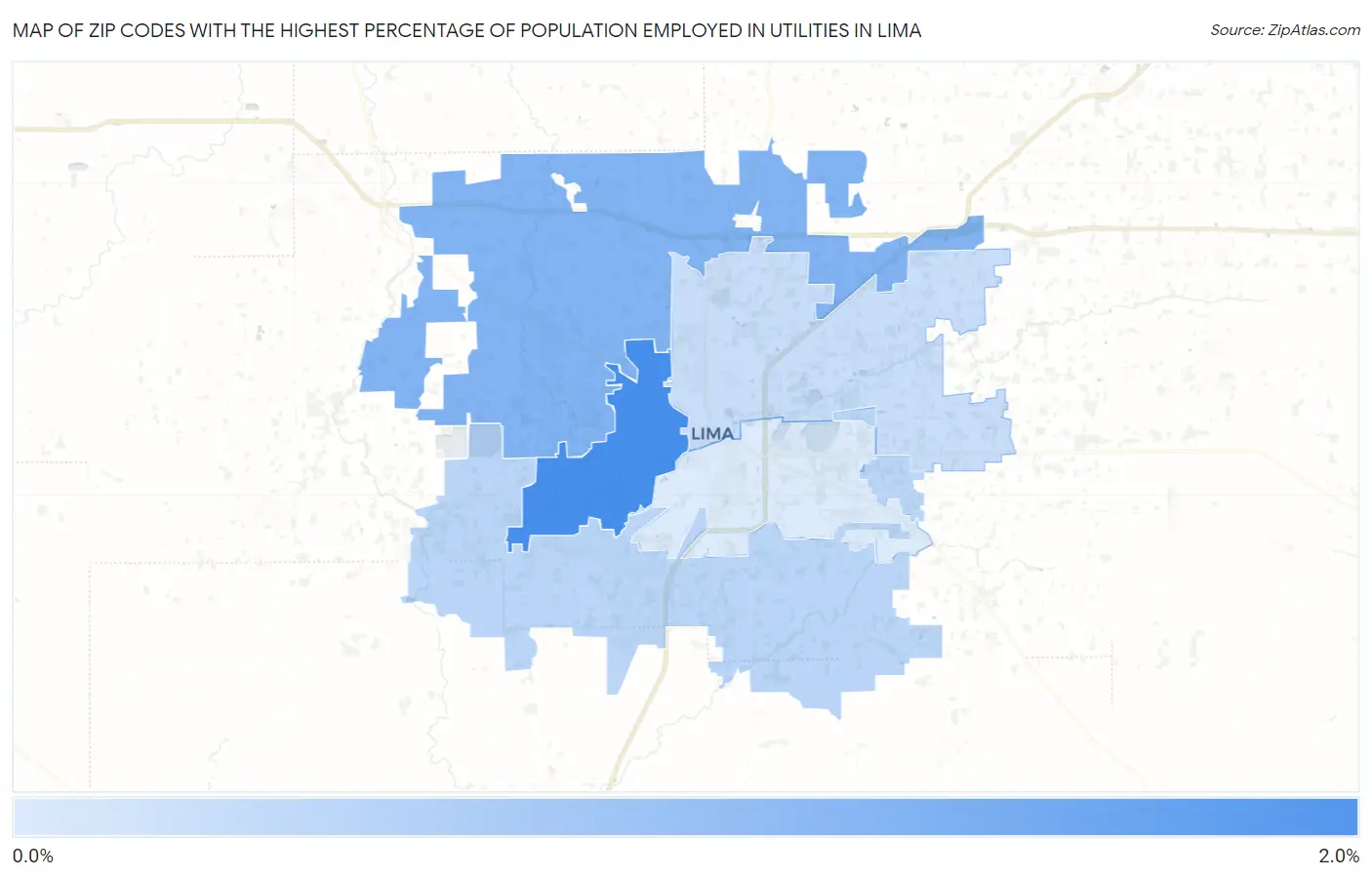 Zip Codes with the Highest Percentage of Population Employed in Utilities in Lima Map