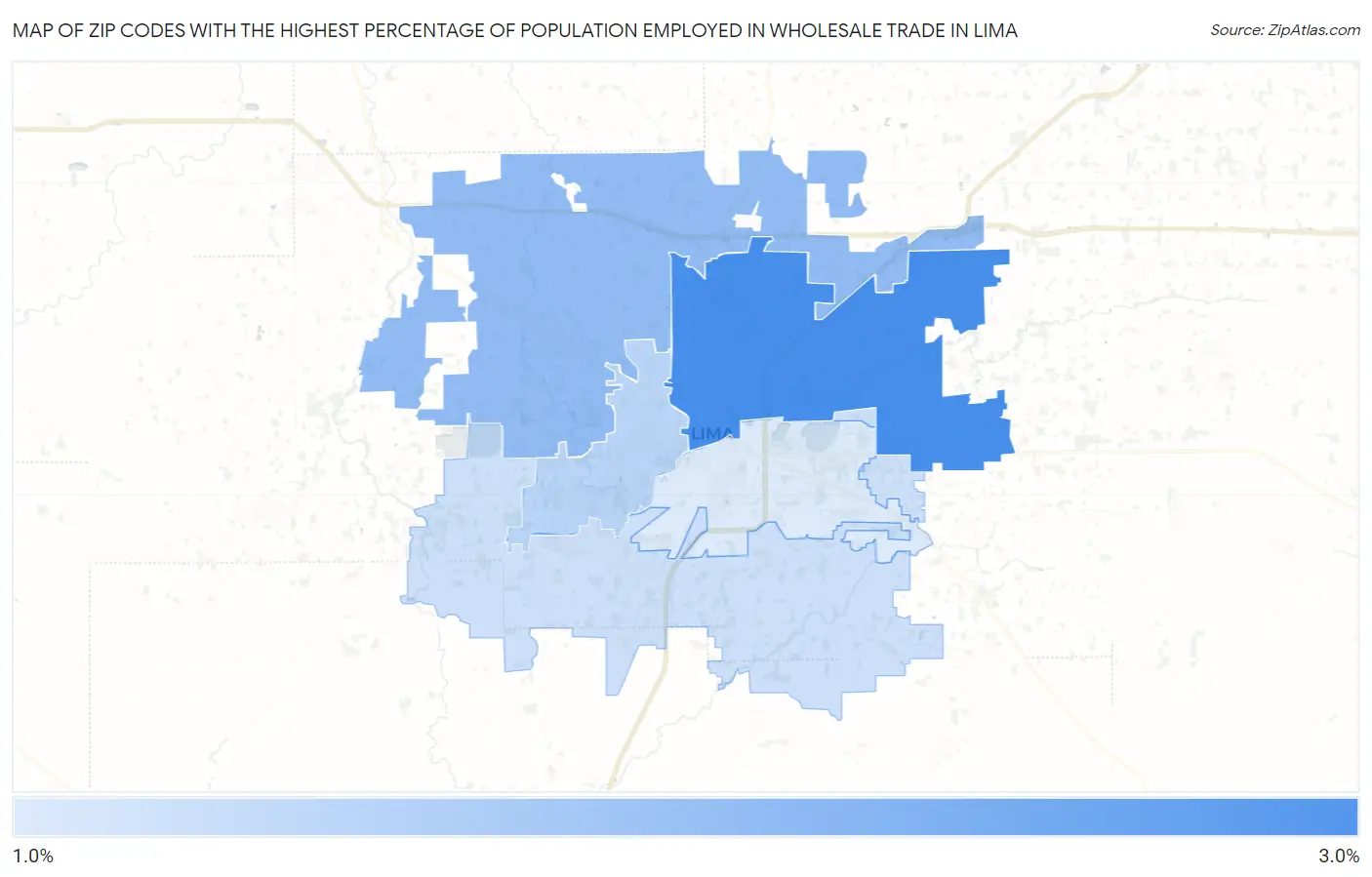 Zip Codes with the Highest Percentage of Population Employed in Wholesale Trade in Lima Map