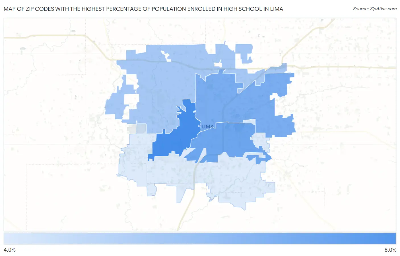 Zip Codes with the Highest Percentage of Population Enrolled in High School in Lima Map