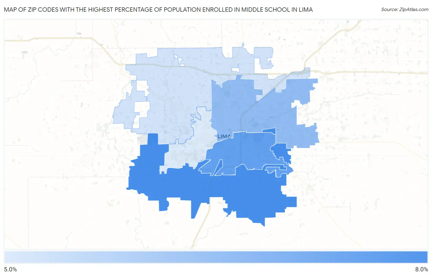 Zip Codes with the Highest Percentage of Population Enrolled in Middle School in Lima Map