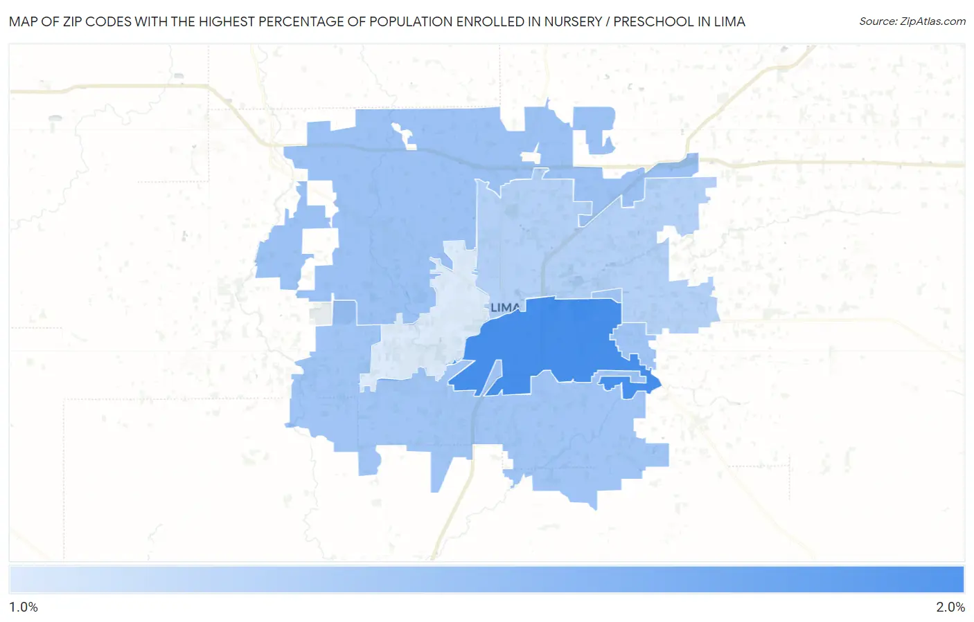Zip Codes with the Highest Percentage of Population Enrolled in Nursery / Preschool in Lima Map