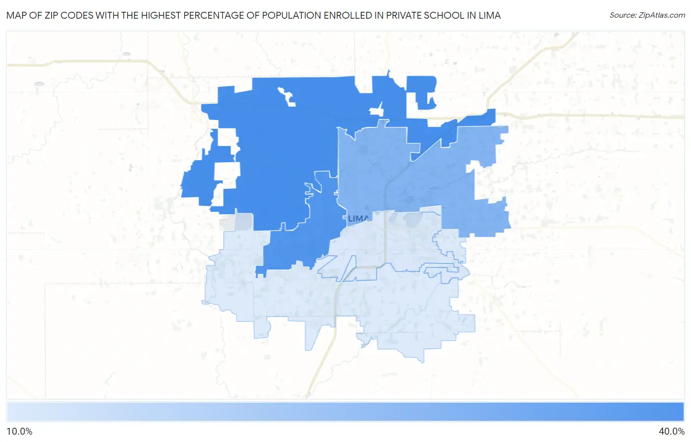 Zip Codes with the Highest Percentage of Population Enrolled in Private School in Lima Map