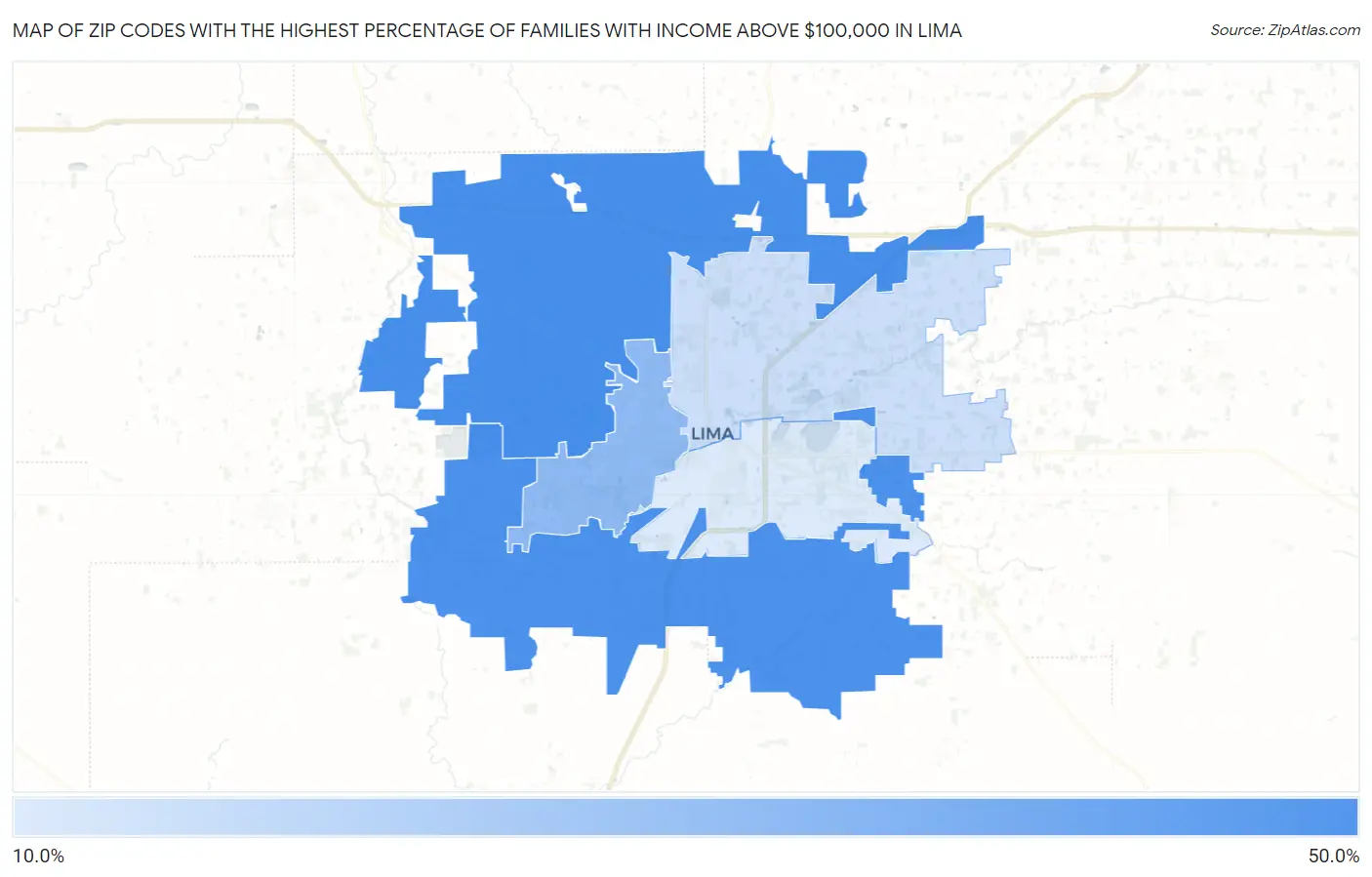Zip Codes with the Highest Percentage of Families with Income Above $100,000 in Lima Map