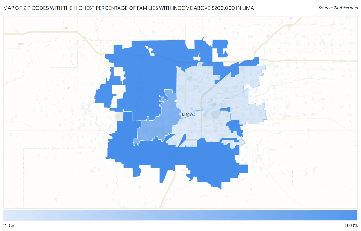 Zip Codes with the Highest Percentage of Families with Income Above $200,000 in Lima Map