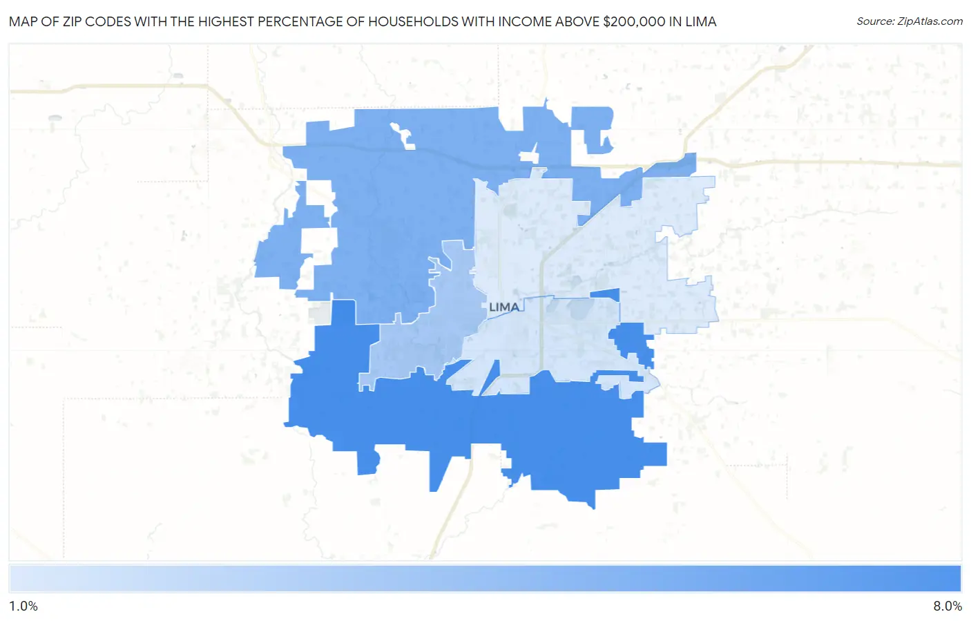 Zip Codes with the Highest Percentage of Households with Income Above $200,000 in Lima Map