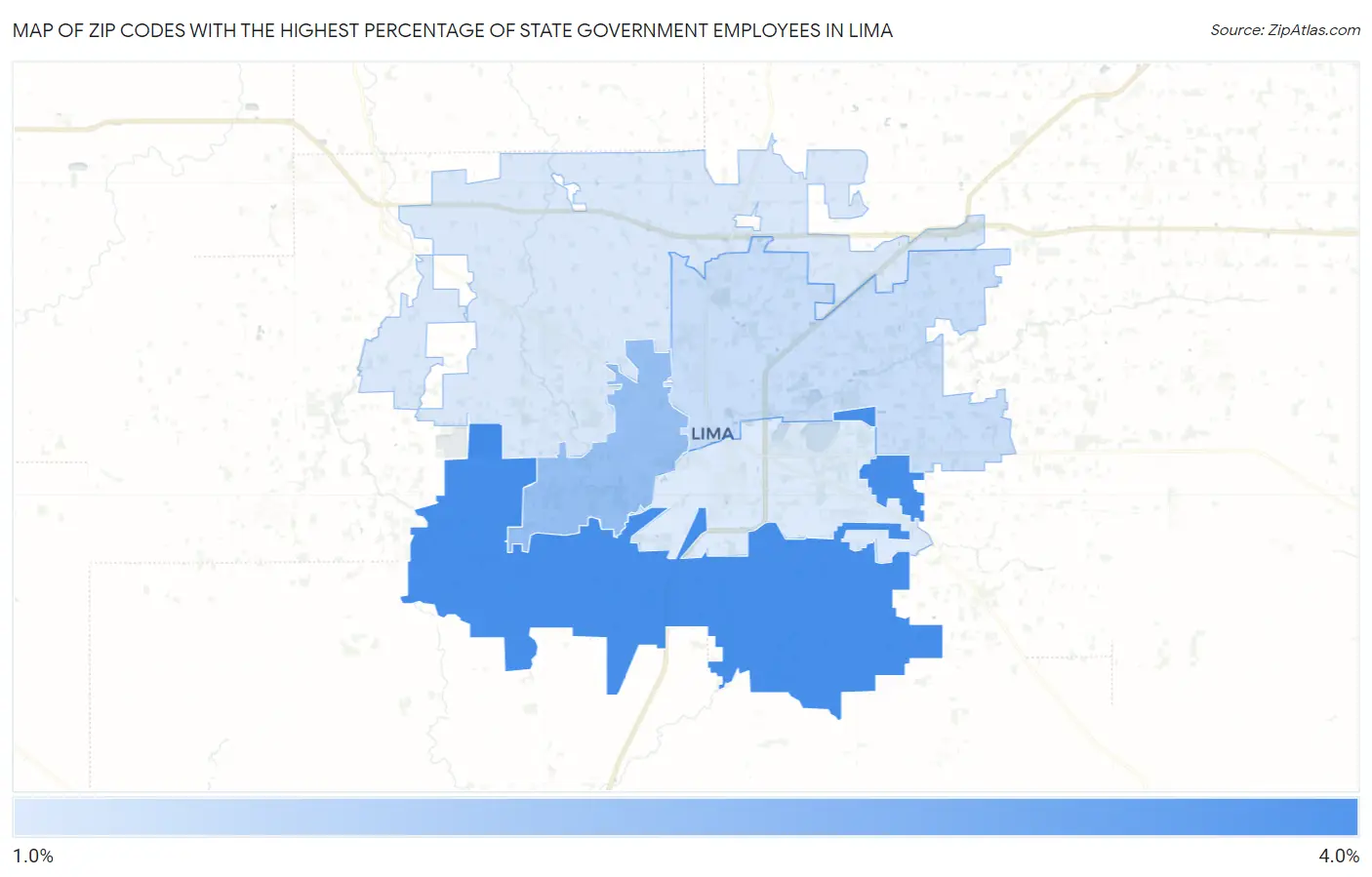 Zip Codes with the Highest Percentage of State Government Employees in Lima Map