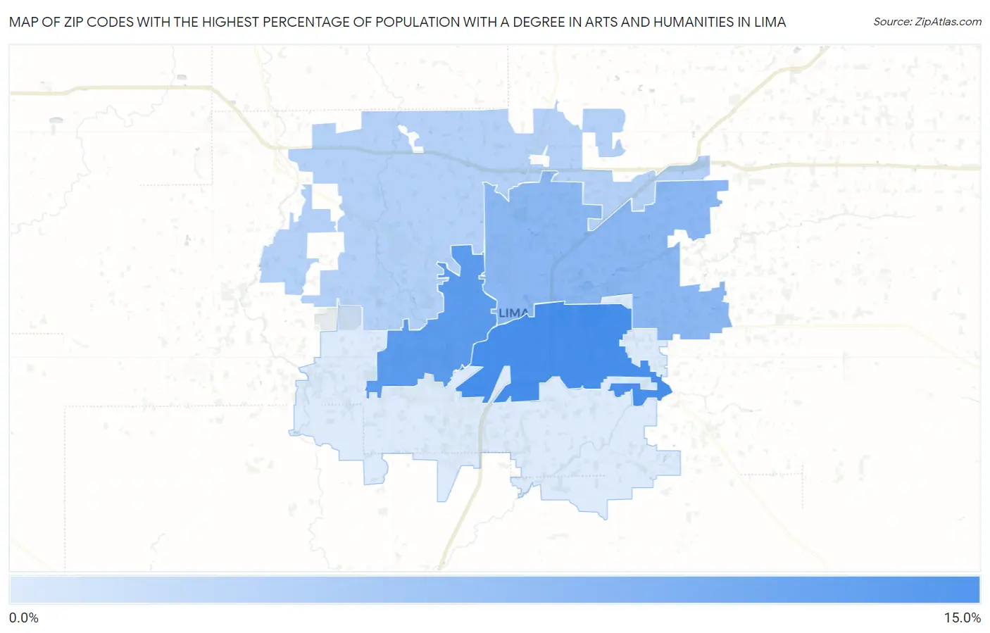 Zip Codes with the Highest Percentage of Population with a Degree in Arts and Humanities in Lima Map