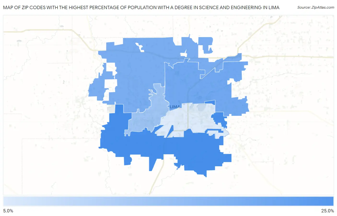 Zip Codes with the Highest Percentage of Population with a Degree in Science and Engineering in Lima Map