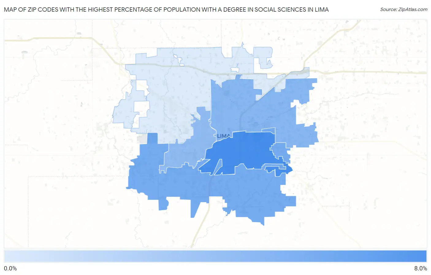 Zip Codes with the Highest Percentage of Population with a Degree in Social Sciences in Lima Map