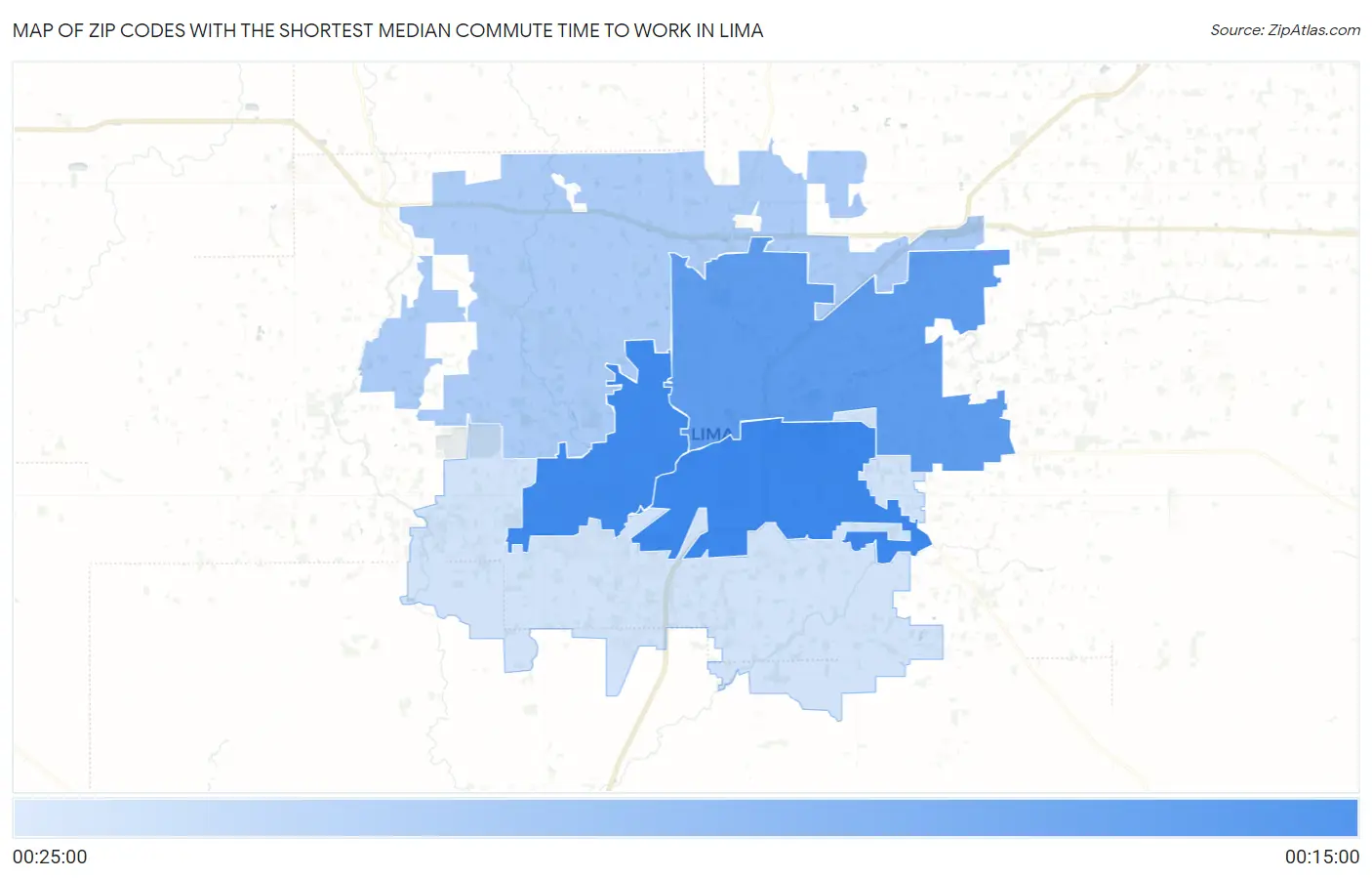 Zip Codes with the Shortest Median Commute Time to Work in Lima Map