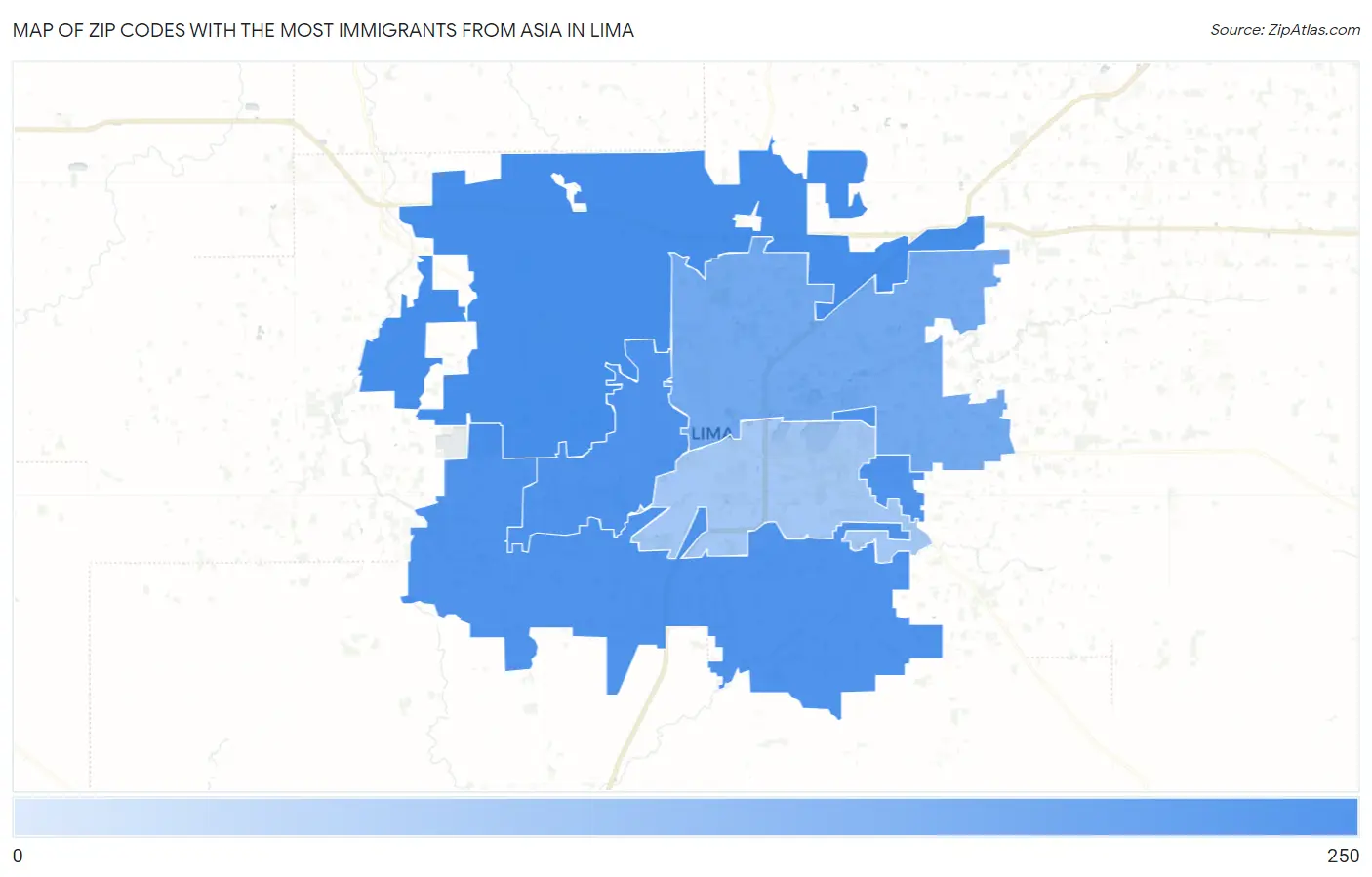 Zip Codes with the Most Immigrants from Asia in Lima Map