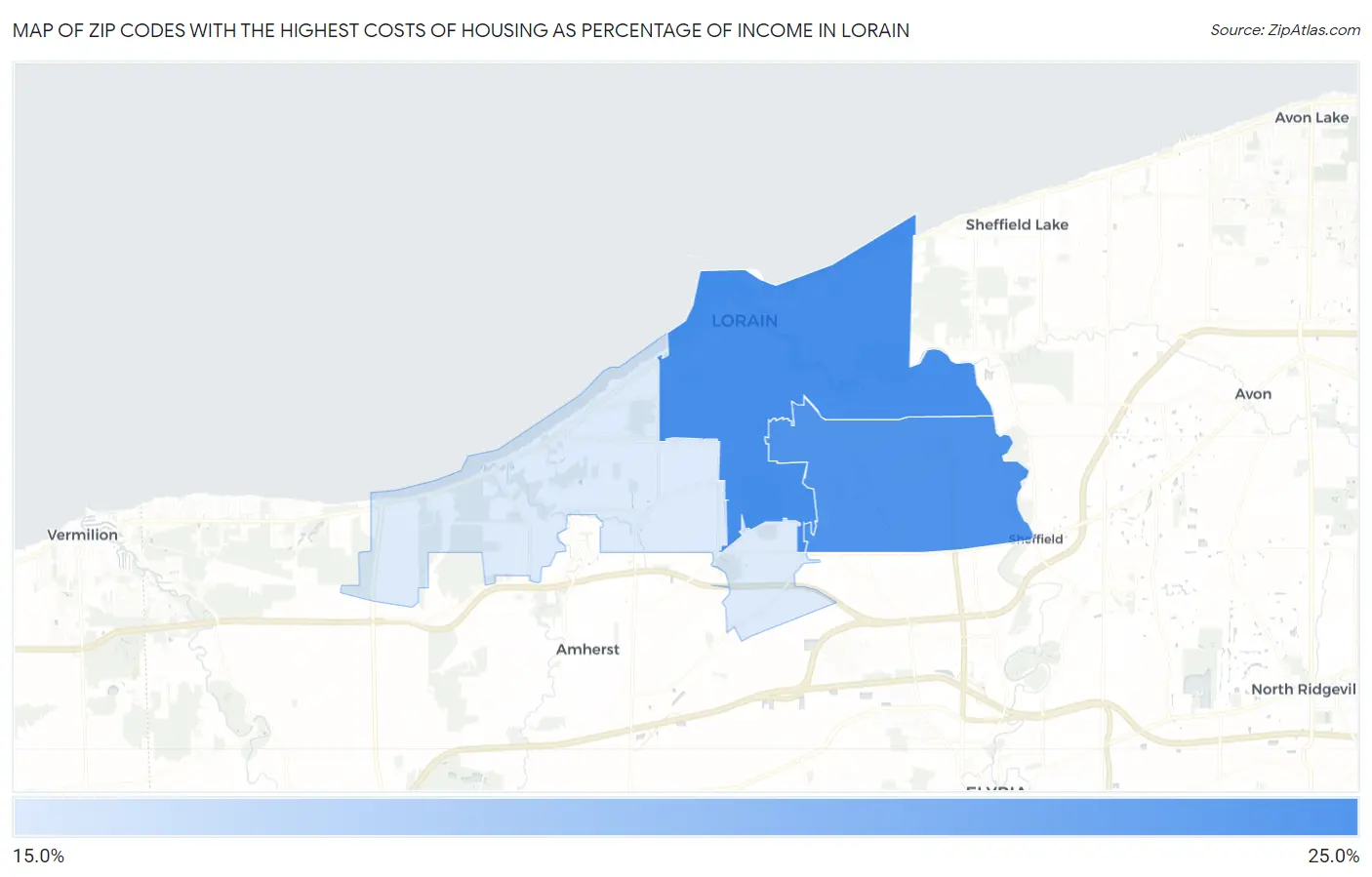 Zip Codes with the Highest Costs of Housing as Percentage of Income in Lorain Map