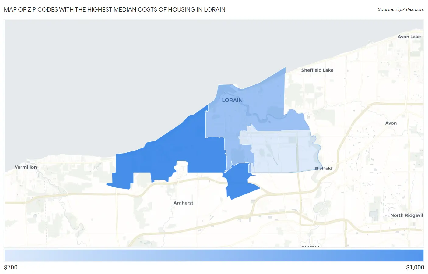 Zip Codes with the Highest Median Costs of Housing in Lorain Map