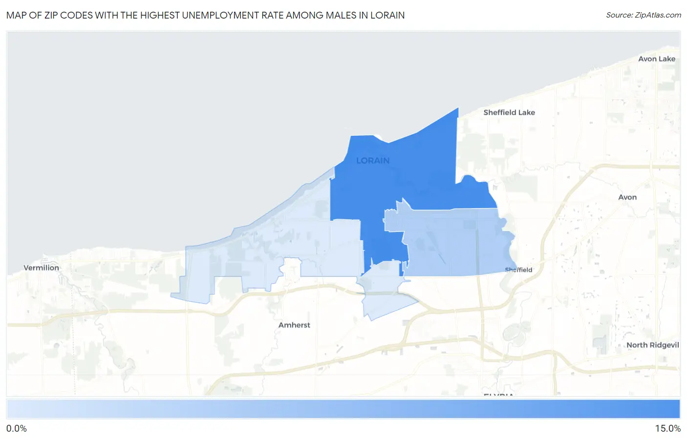 Zip Codes with the Highest Unemployment Rate Among Males in Lorain Map