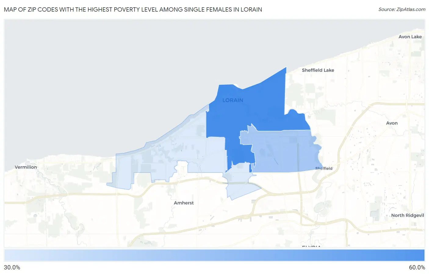 Zip Codes with the Highest Poverty Level Among Single Females in Lorain Map