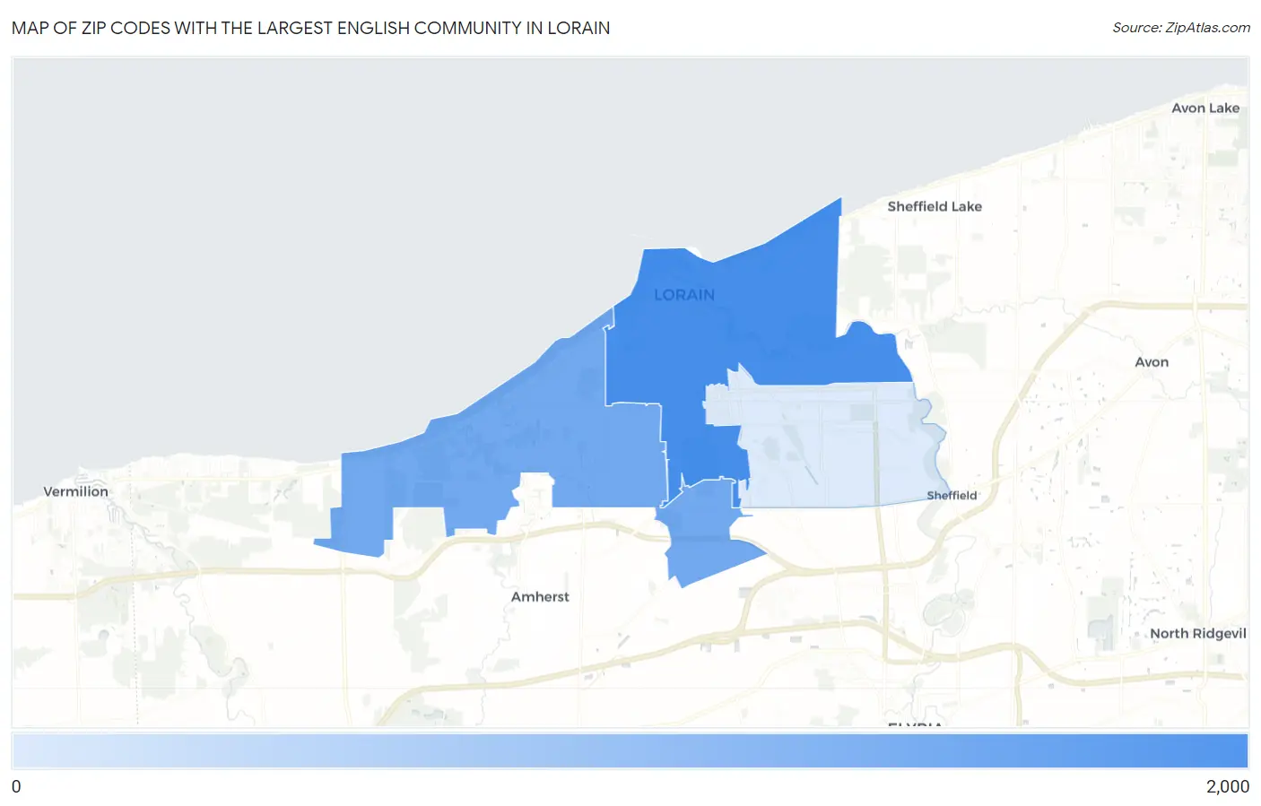 Zip Codes with the Largest English Community in Lorain Map
