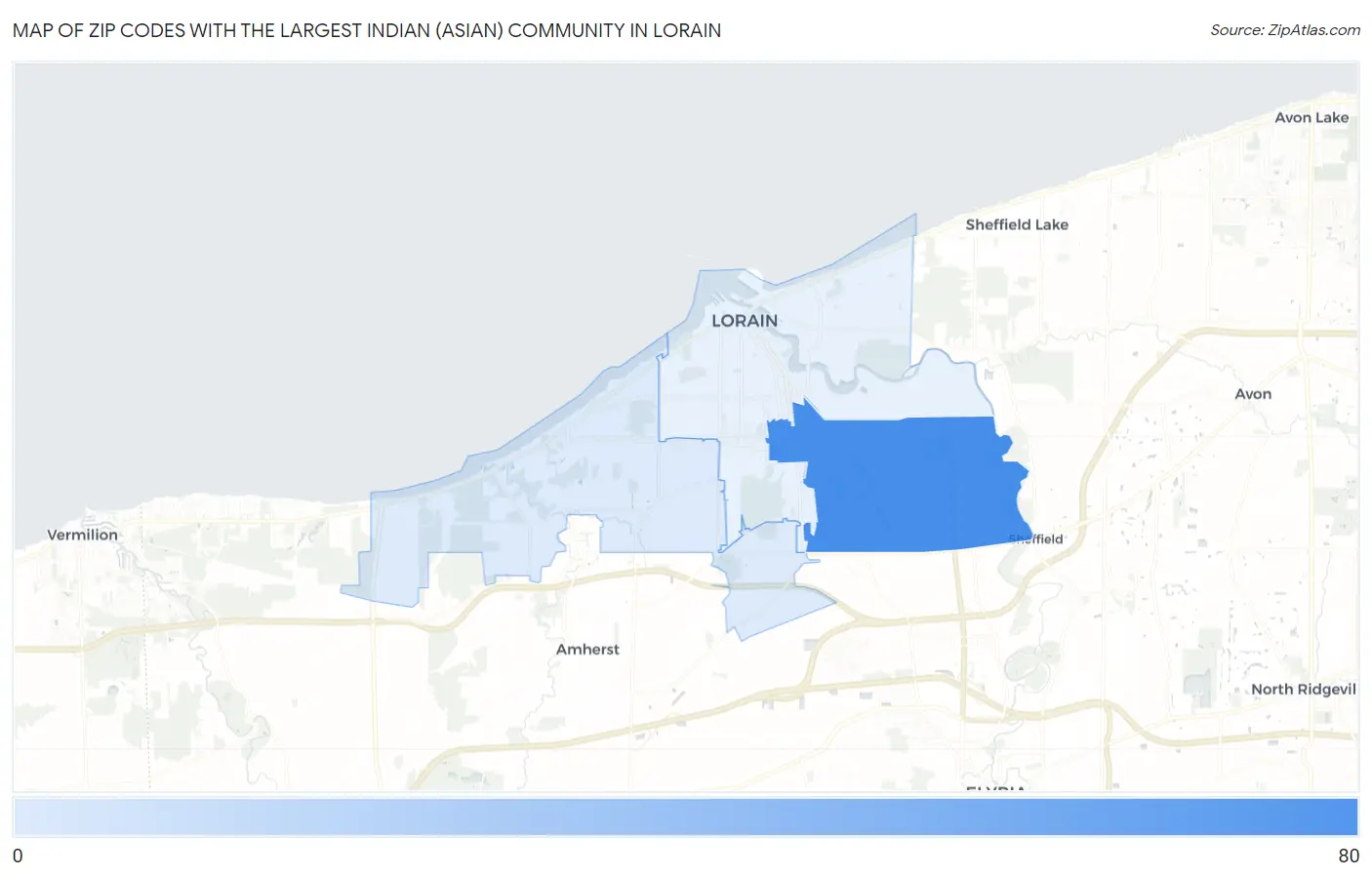 Zip Codes with the Largest Indian (Asian) Community in Lorain Map