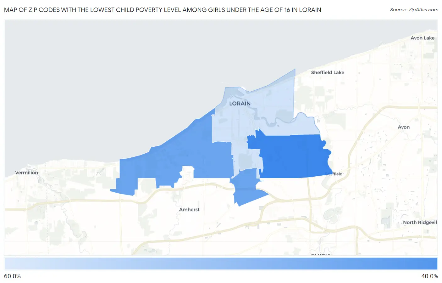 Zip Codes with the Lowest Child Poverty Level Among Girls Under the Age of 16 in Lorain Map