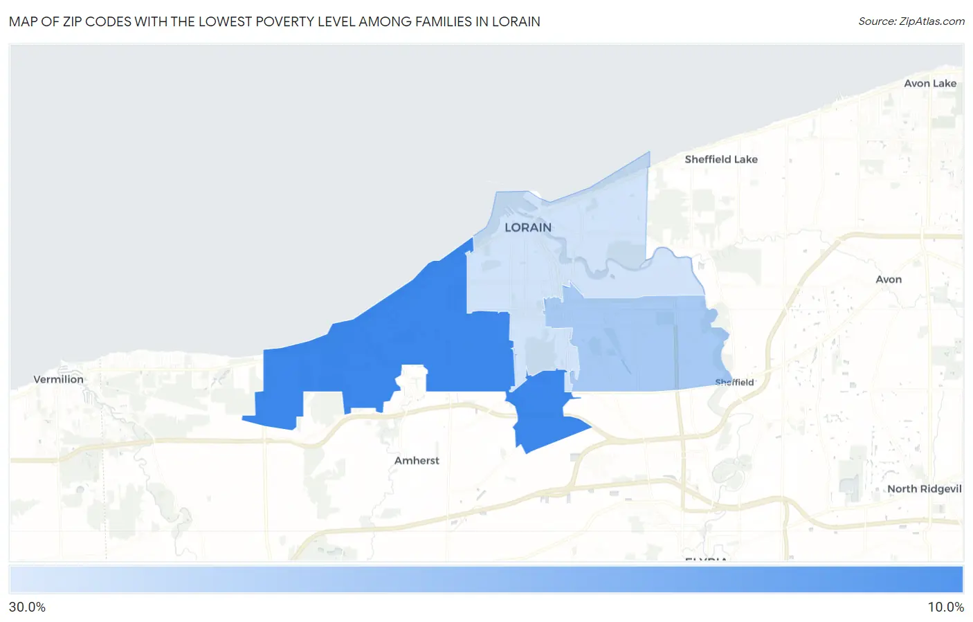 Zip Codes with the Lowest Poverty Level Among Families in Lorain Map