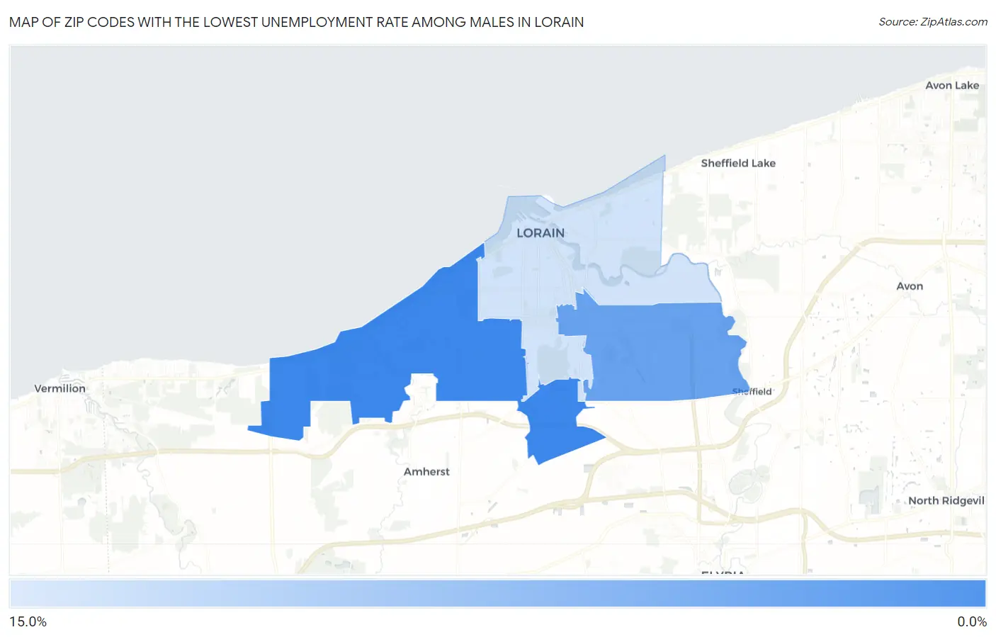 Zip Codes with the Lowest Unemployment Rate Among Males in Lorain Map