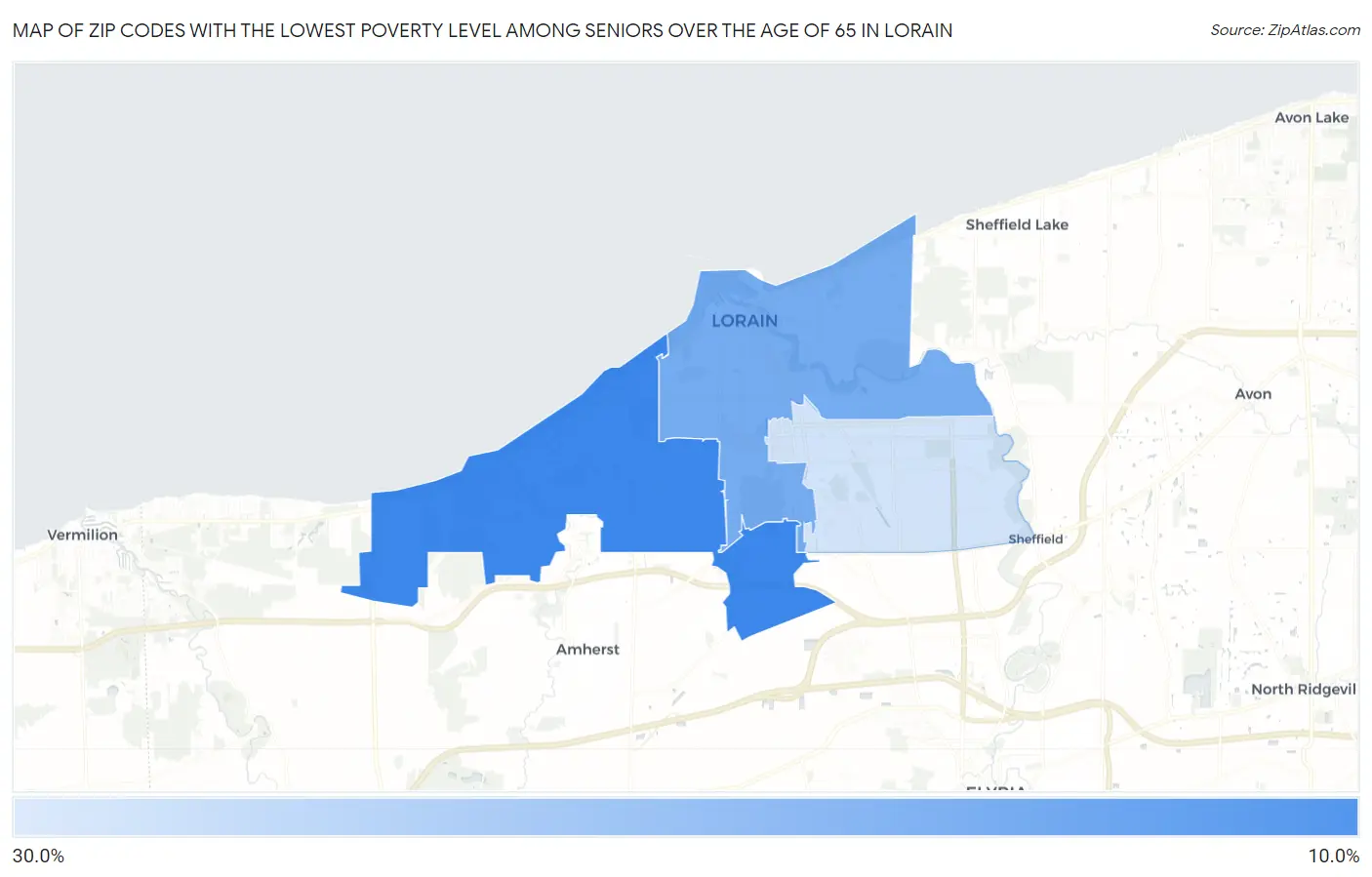 Zip Codes with the Lowest Poverty Level Among Seniors Over the Age of 65 in Lorain Map