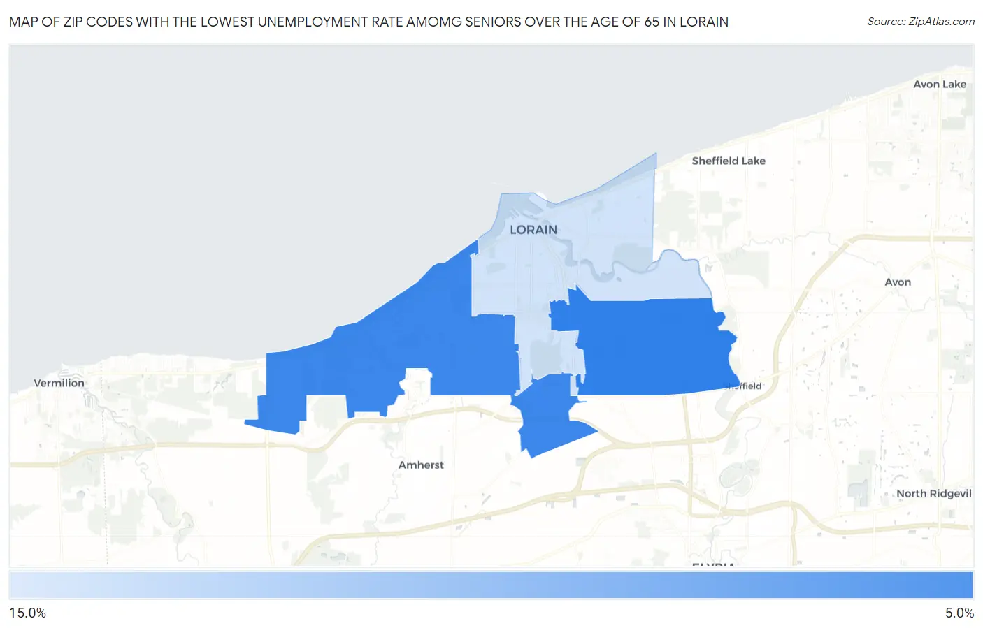 Zip Codes with the Lowest Unemployment Rate Amomg Seniors Over the Age of 65 in Lorain Map