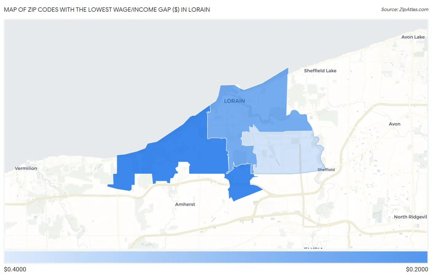 Zip Codes with the Lowest Wage/Income Gap ($) in Lorain Map