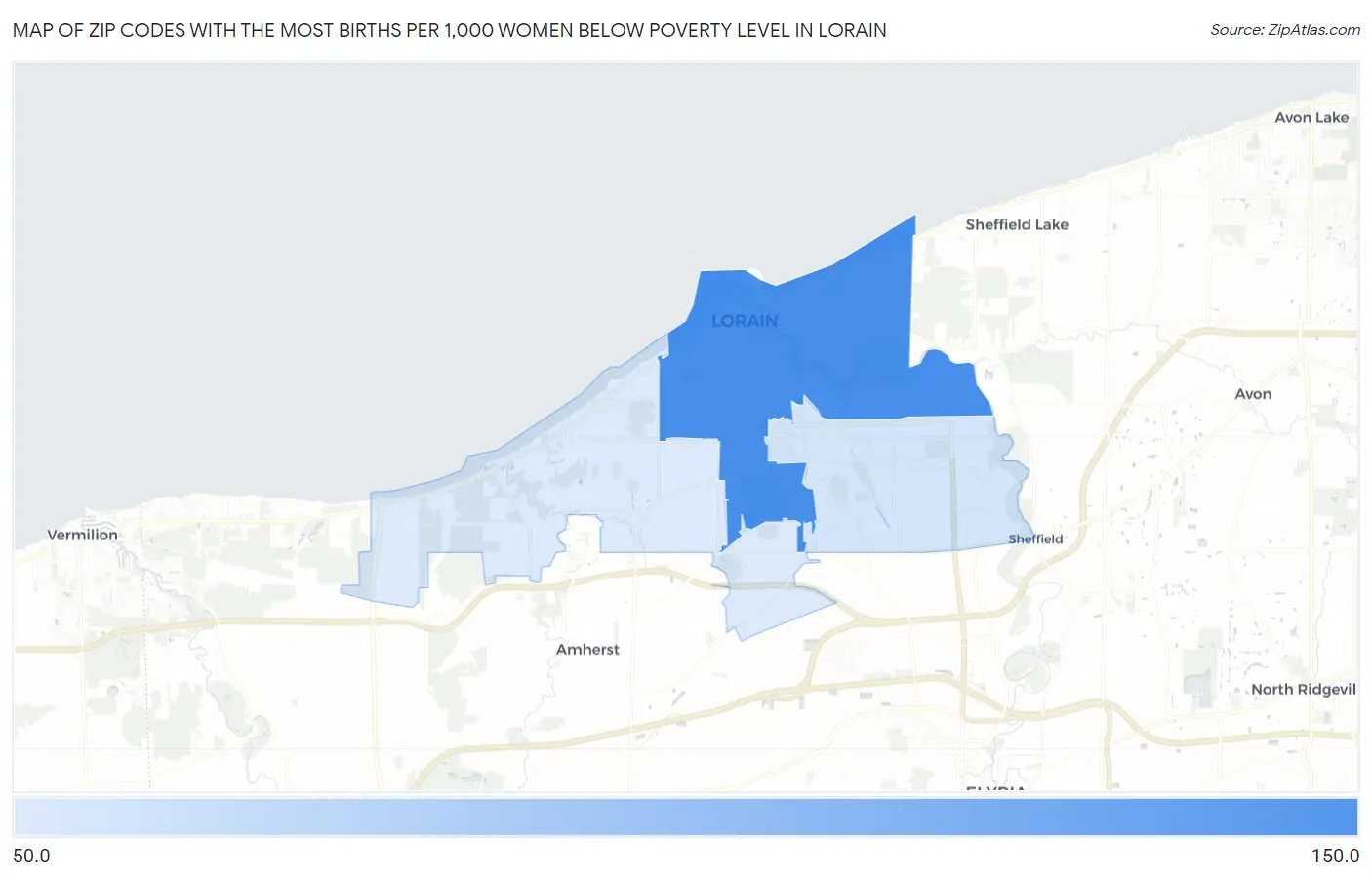 Zip Codes with the Most Births per 1,000 Women Below Poverty Level in Lorain Map