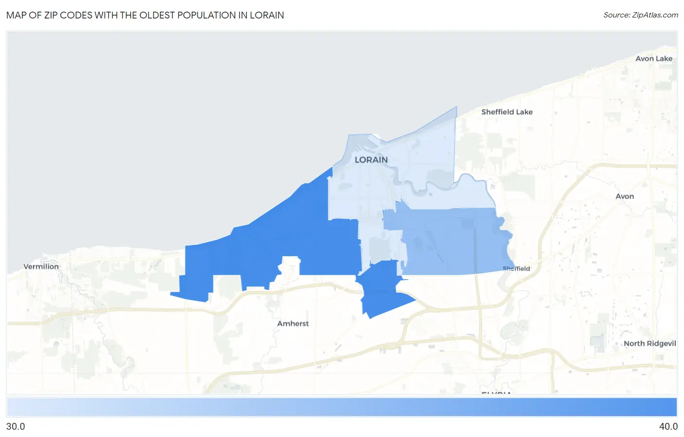 Zip Codes with the Oldest Population in Lorain Map