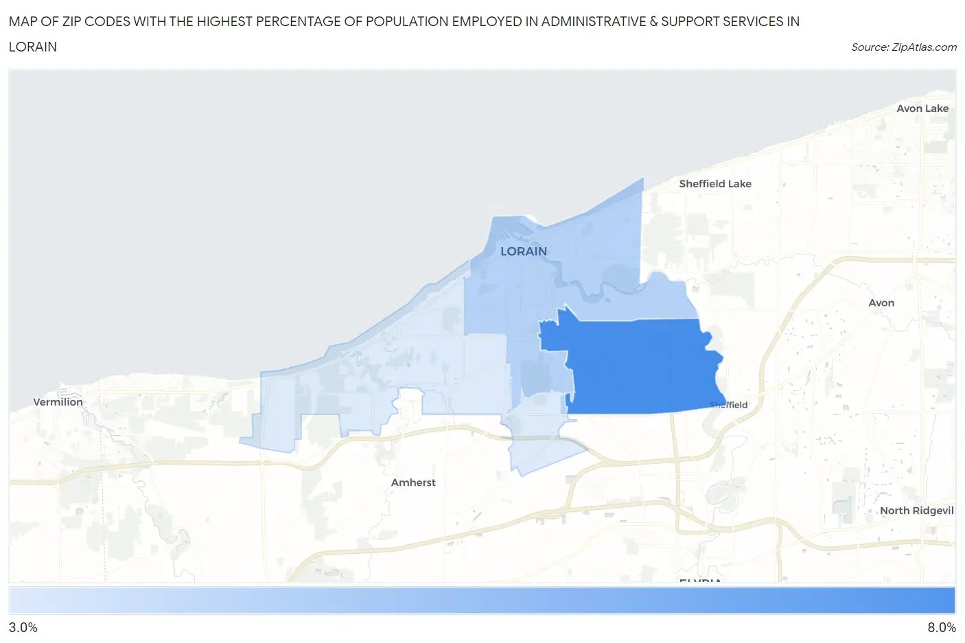 Zip Codes with the Highest Percentage of Population Employed in Administrative & Support Services in Lorain Map
