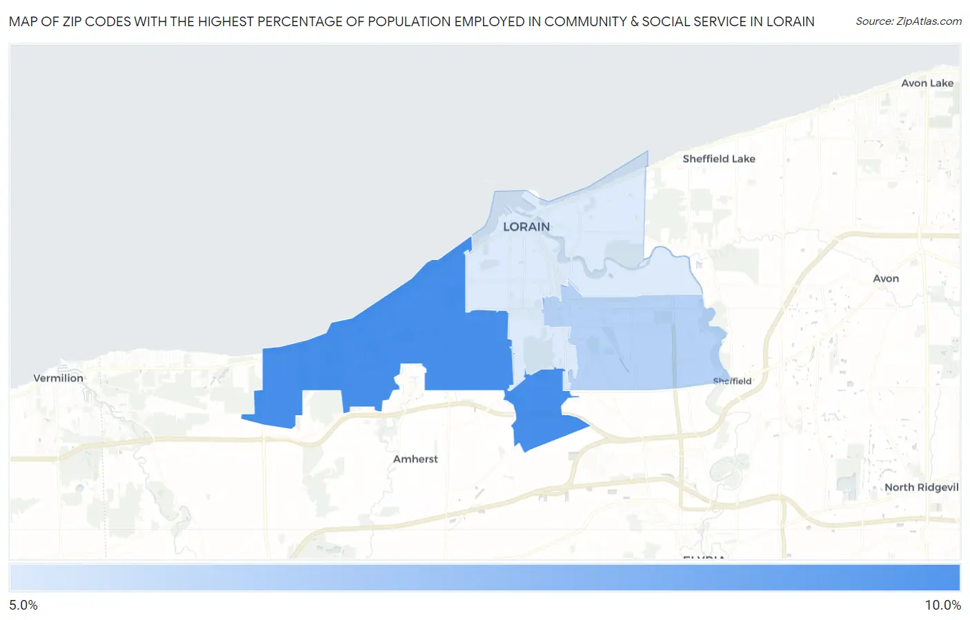 Zip Codes with the Highest Percentage of Population Employed in Community & Social Service  in Lorain Map
