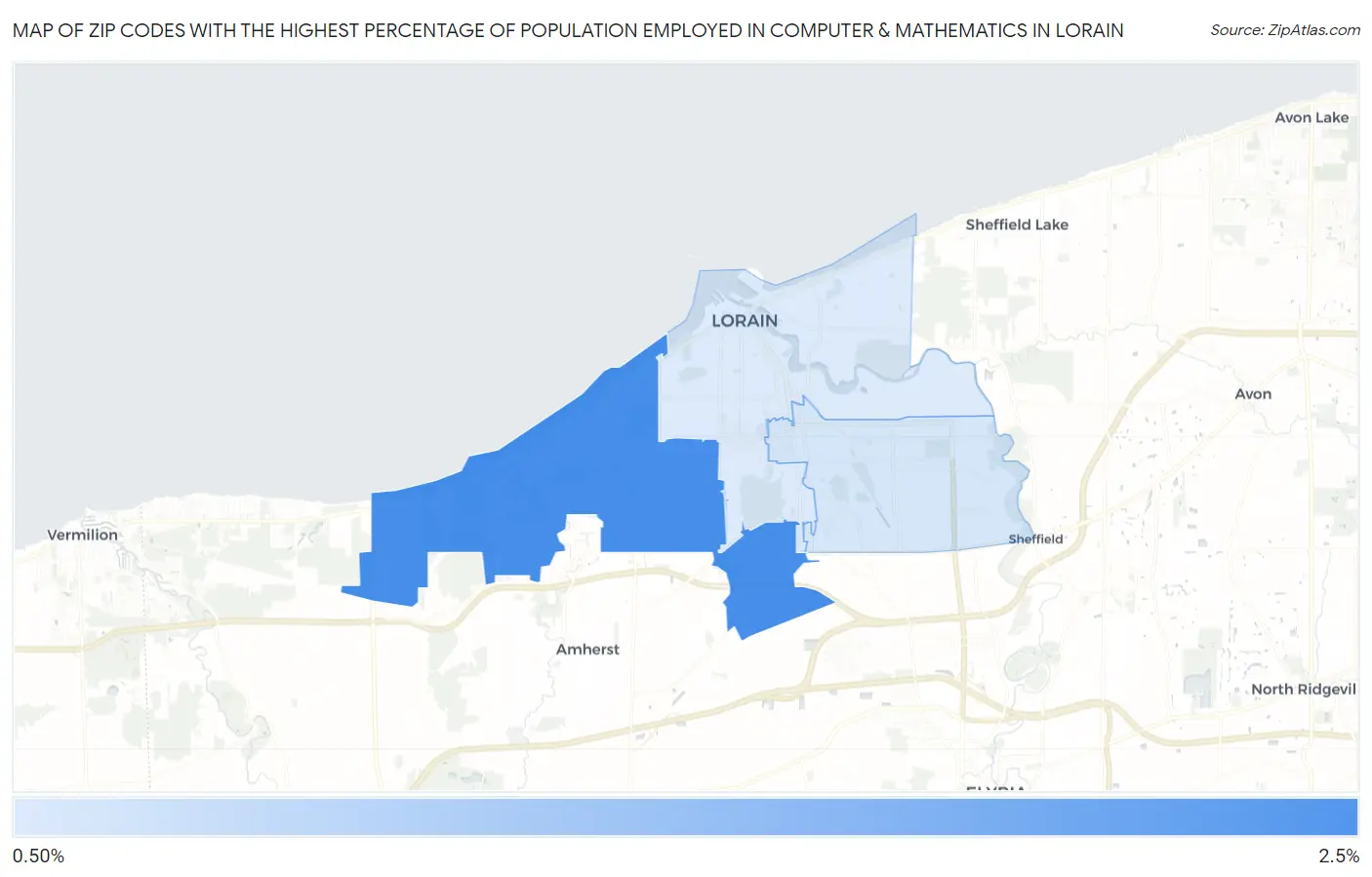 Zip Codes with the Highest Percentage of Population Employed in Computer & Mathematics in Lorain Map