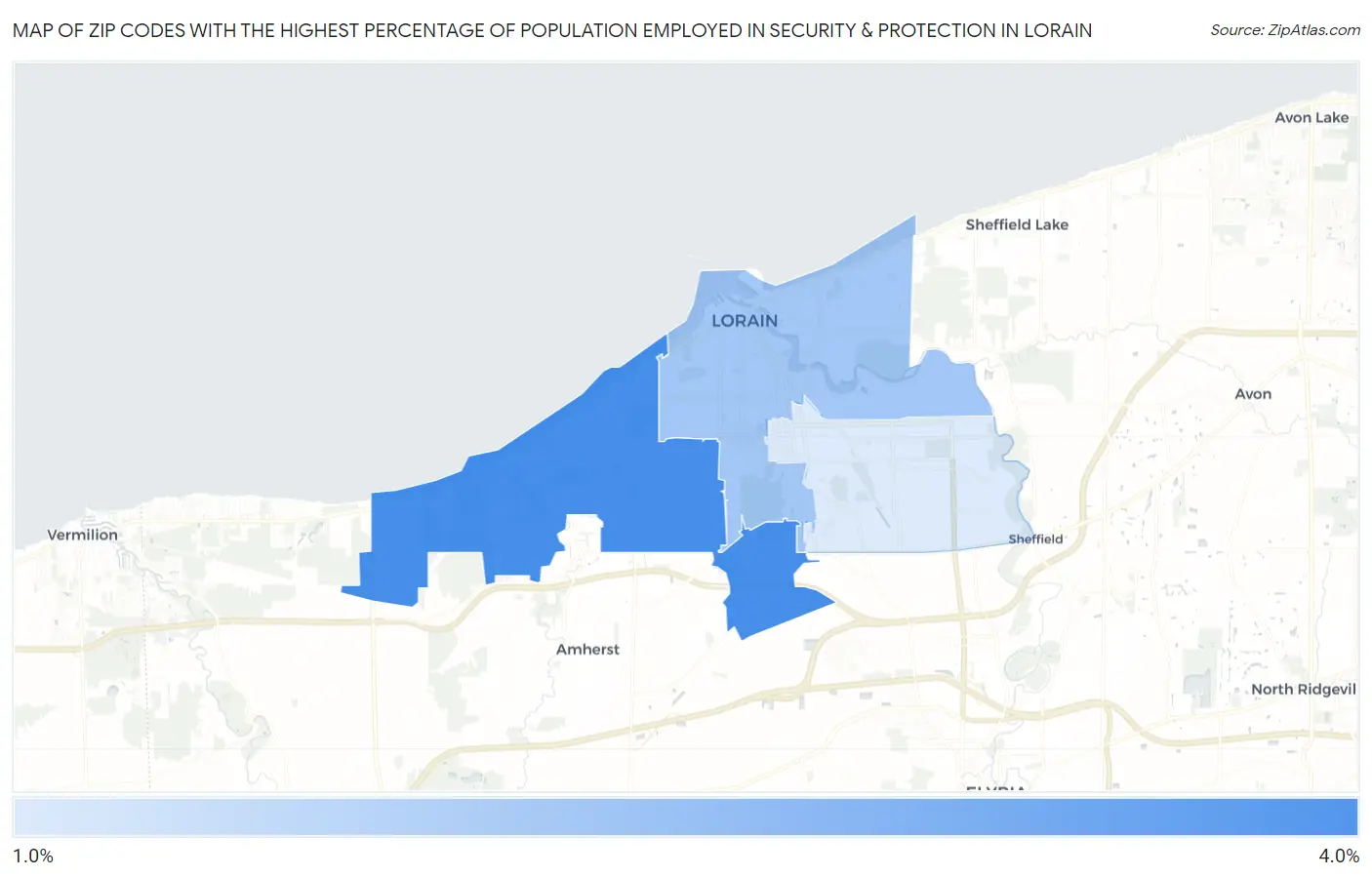 Zip Codes with the Highest Percentage of Population Employed in Security & Protection in Lorain Map